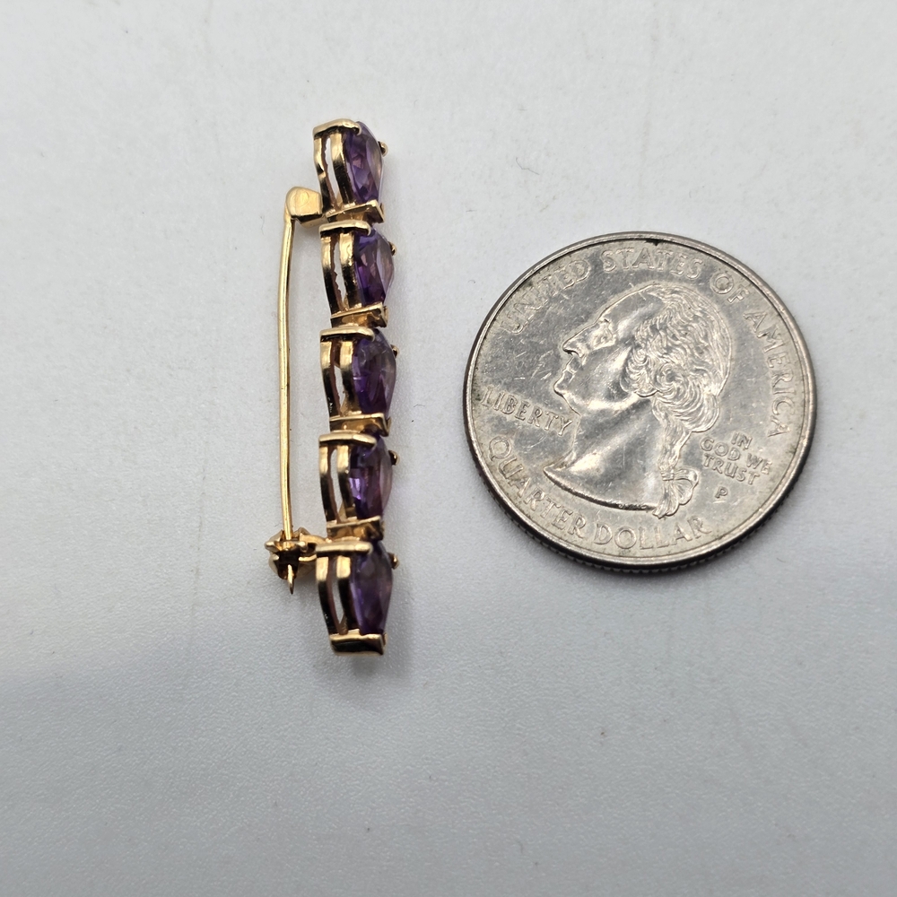 14k Gold Purple Amethyst Gemstone Bar Brooch - Picture 7 of 7